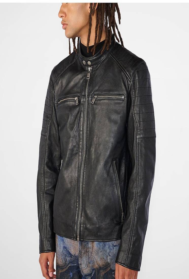 men's black premium lambskin leather jacket quilted shoulder detailing superior