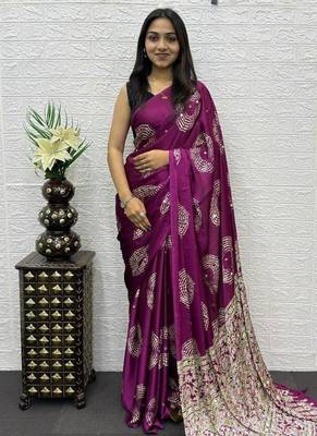 Magenta Color Mirror And Latkan Pallu Border Work Satin Silk Saree 1