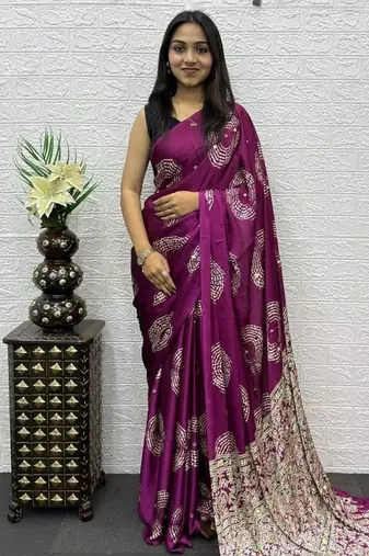 Magenta Color Mirror And Latkan Pallu Border Work Satin Silk Saree