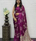 Magenta Color Mirror And Latkan Pallu Border Work Satin Silk Saree