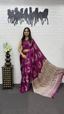 Magenta Color Mirror And Latkan Pallu Border Work Satin Silk Saree 2