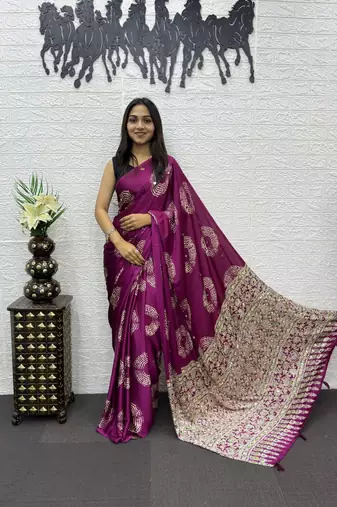Magenta Color Mirror And Latkan Pallu Border Work Satin Silk Saree