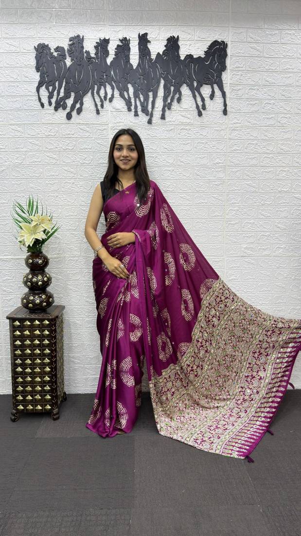 Magenta Color Mirror And Latkan Pallu Border Work Satin Silk Saree