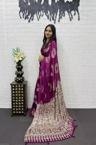 Magenta Color Mirror And Latkan Pallu Border Work Satin Silk Saree