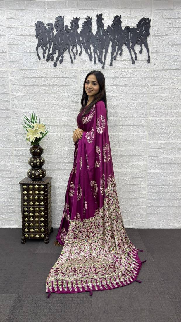 Magenta Color Mirror And Latkan Pallu Border Work Satin Silk Saree
