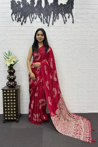 Rani Pink Color Mirror And Latkan Pallu Border Work Satin Silk Saree