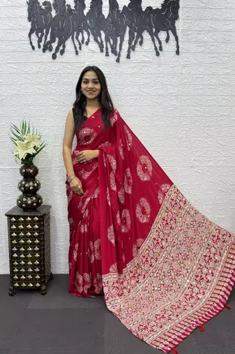 Rani Pink Color Mirror And Latkan Pallu Border Work Satin Silk Saree