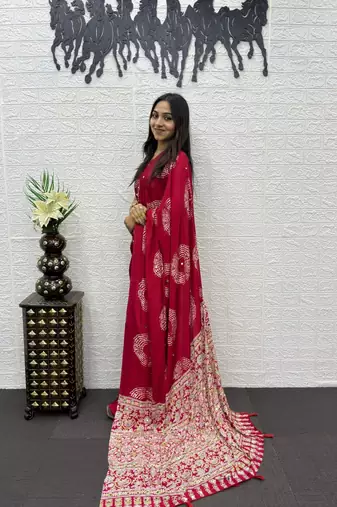 Rani Pink Color Mirror And Latkan Pallu Border Work Satin Silk Saree