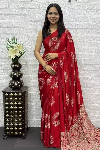 Red Color Mirror And Latkan Pallu Border Work Satin Silk Saree