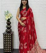 Red Color Mirror And Latkan Pallu Border Work Satin Silk Saree