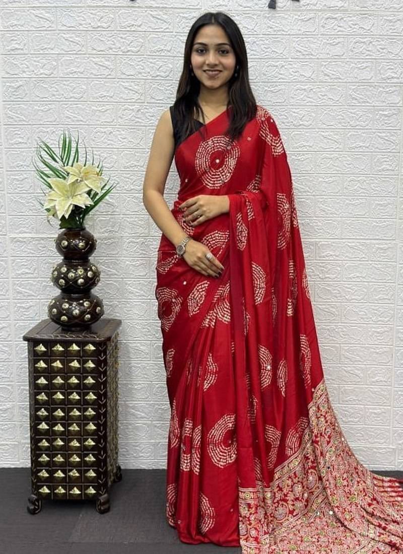 Red Color Mirror And Latkan Pallu Border Work Satin Silk Saree