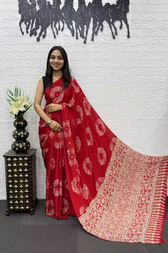 Red Color Mirror And Latkan Pallu Border Work Satin Silk Saree