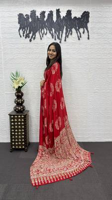 Red Color Mirror And Latkan Pallu Border Work Satin Silk Saree 3