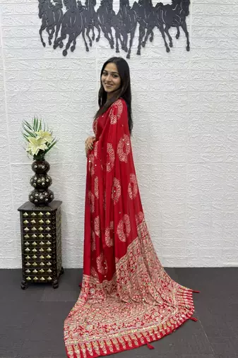 Red Color Mirror And Latkan Pallu Border Work Satin Silk Saree