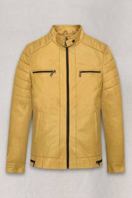men's yellow premium lambskin leather jacket quilted shoulder detailing 1