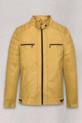 Men's yellow  lambskin leather jacket - quilted shoulder & zipper style
