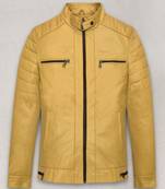 men's yellow premium lambskin leather jacket quilted shoulder detailing