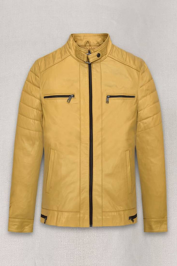 men's yellow premium lambskin leather jacket quilted shoulder detailing