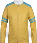 men's blue premium lambskin leather jacket quilted shoulder detailing