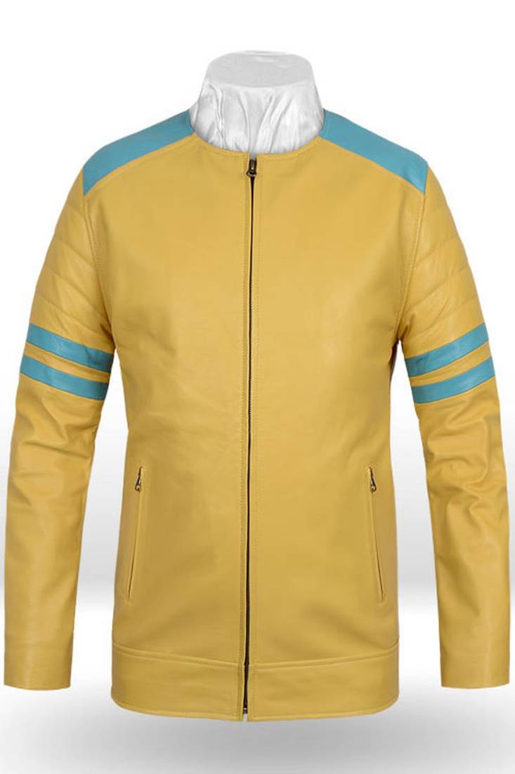 men's blue premium lambskin leather jacket quilted shoulder detailing