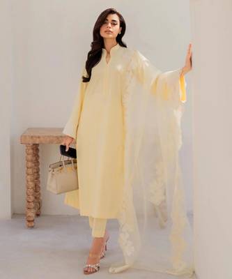 yellow chanderi silk blend ethnic suit set with organza embroidered dupatta 1