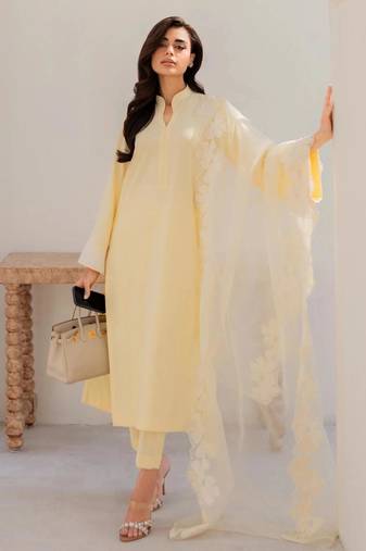 Designer pastel yellow chanderi silk ethnic suit set with organza embroidered dupatta
