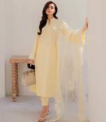Designer pastel yellow chanderi silk ethnic suit set with organza embroidered dupatta