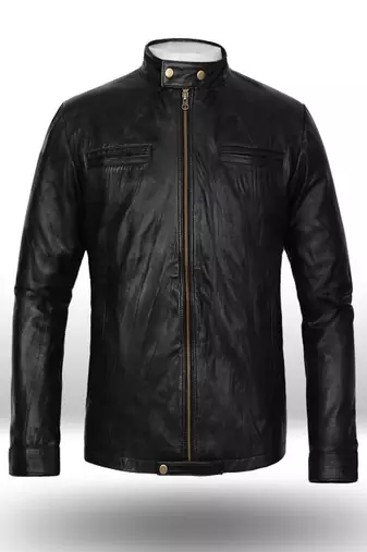 men's black lambskin cafe racer jacket band collar racer style signature