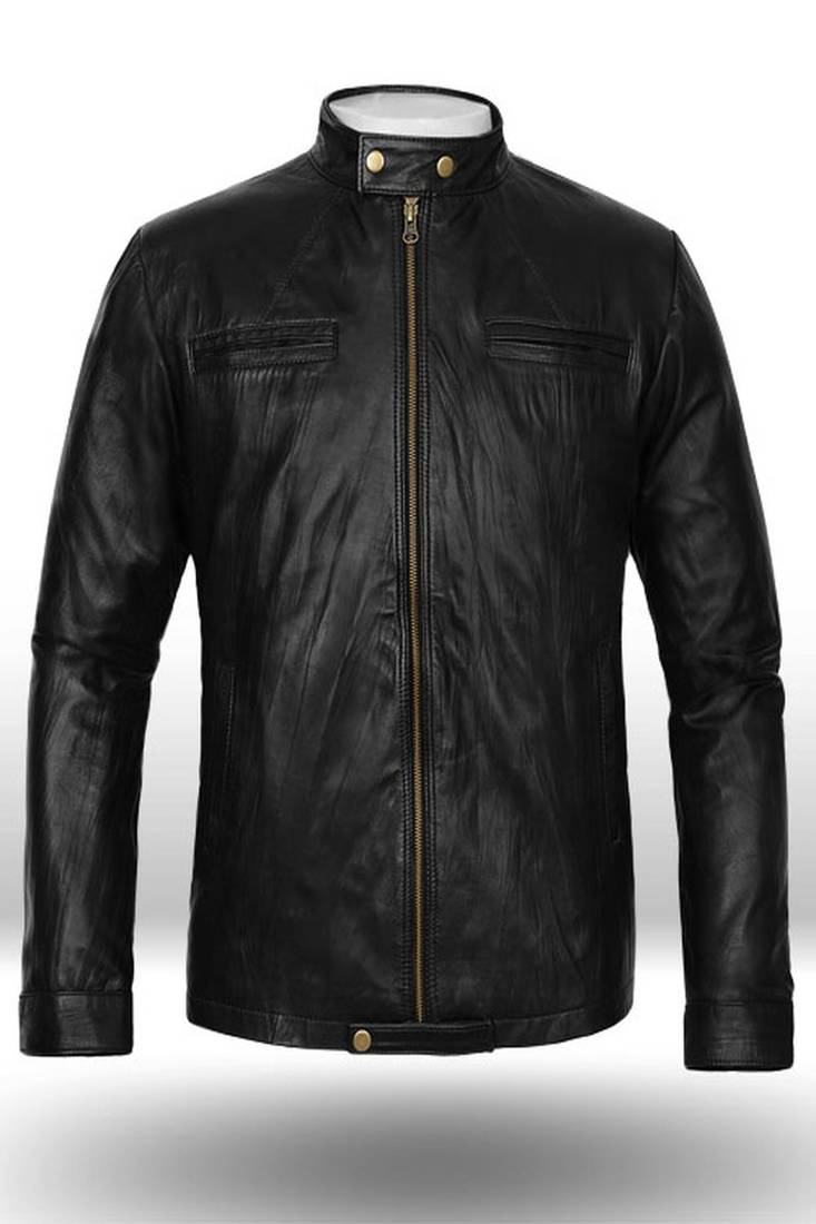 men's black lambskin cafe racer jacket band collar racer style signature