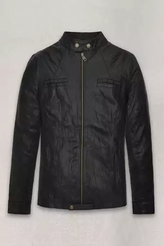 men's black lambskin cafe racer jacket band collar racer style signature