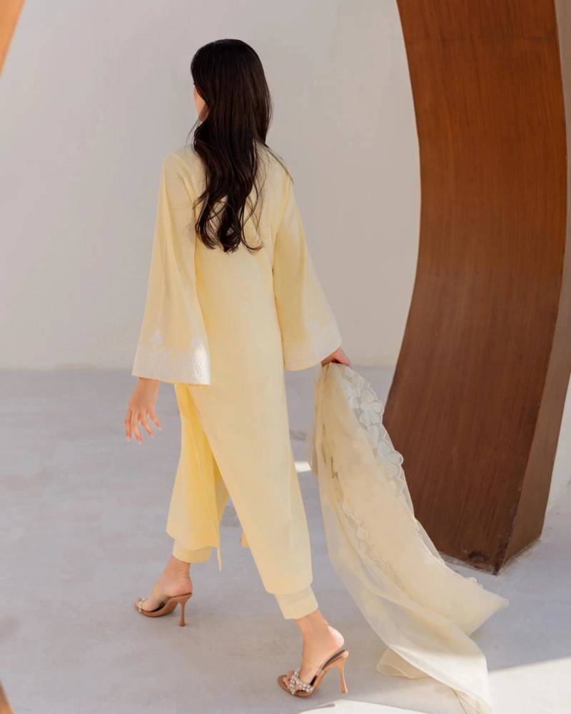 Designer pastel yellow chanderi silk ethnic suit set with organza embroidered dupatta