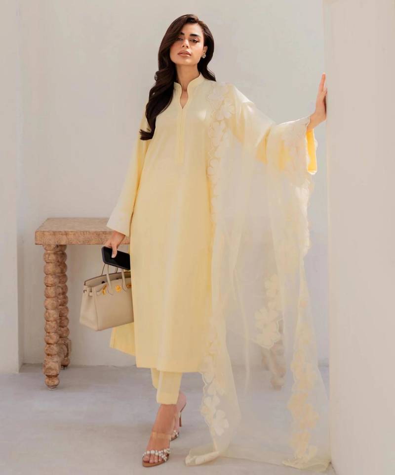 Designer pastel yellow chanderi silk ethnic suit set with organza embroidered dupatta
