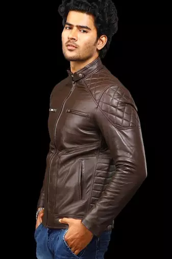 men's brown premium lambskin leather jacket quilted shoulder detailing
