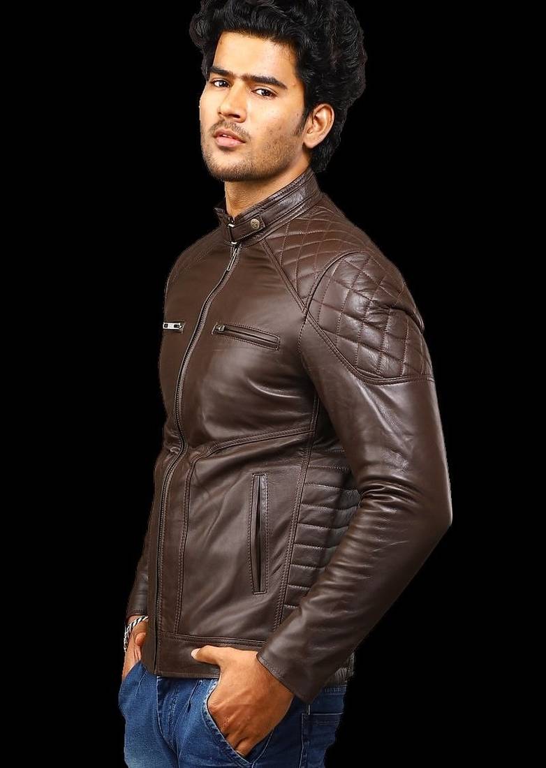 men's brown premium lambskin leather jacket quilted shoulder detailing