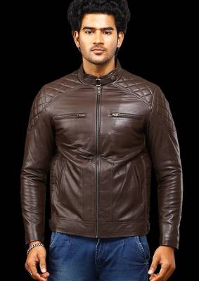 men's brown premium lambskin leather jacket quilted shoulder detailing 2