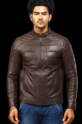 men's brown premium lambskin leather jacket quilted shoulder detailing