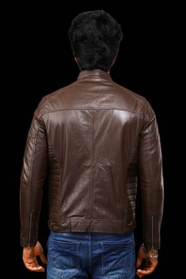 men's brown premium lambskin leather jacket quilted shoulder detailing 3