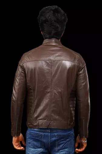 men's brown premium lambskin leather jacket quilted shoulder detailing
