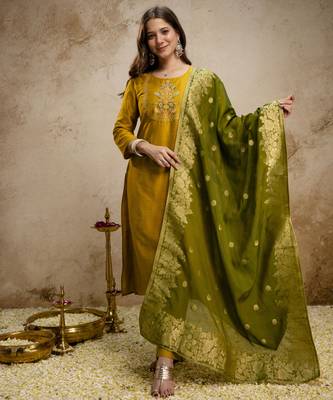 Elegant vatican embroidered straight kurti pant set with jacquard zari dupatta for women 1