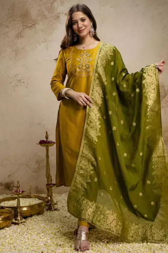 Elegant vatican embroidered straight kurti pant set with jacquard zari dupatta for women