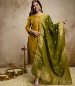 Elegant vatican embroidered straight kurti pant set with jacquard zari dupatta for women