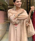 Women        s embroidered p.v. chanderi kurti pant dupatta set | elegant ethnic wear for festive & casual occasion