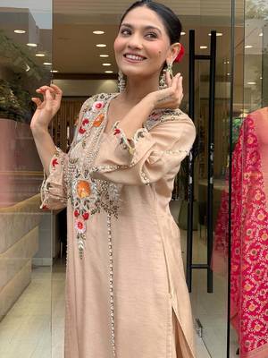 Women    s embroidered p.v. chanderi kurti pant dupatta set | elegant ethnic wear for festive & casual occasion 4