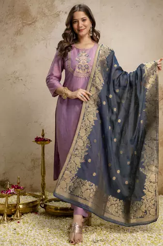 Elegant vatican embroidered straight kurti pant set with jacquard zari dupatta for women