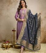 Elegant vatican embroidered straight kurti pant set with jacquard zari dupatta for women