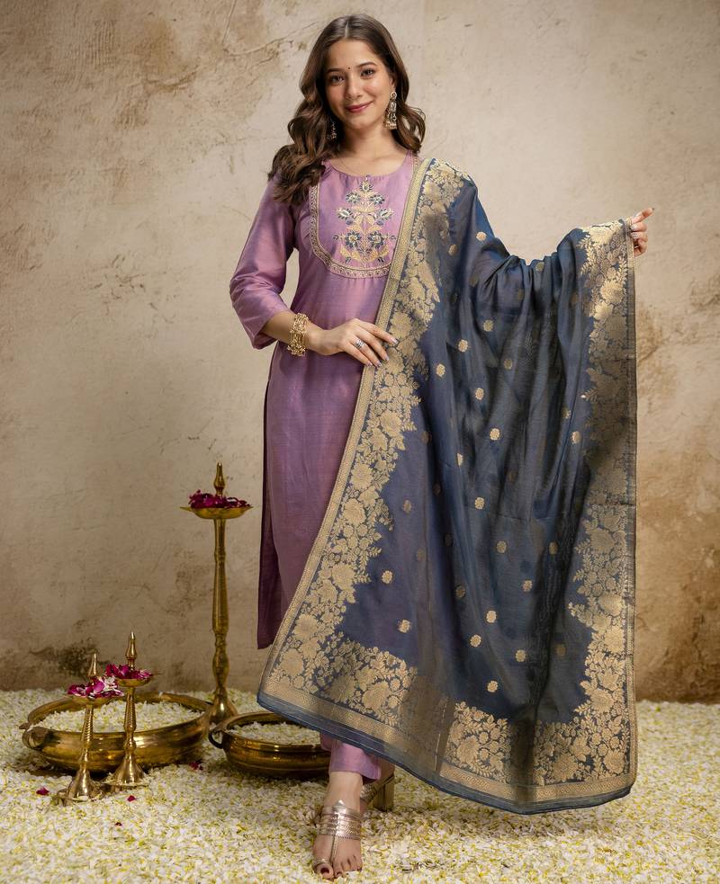Elegant vatican embroidered straight kurti pant set with jacquard zari dupatta for women