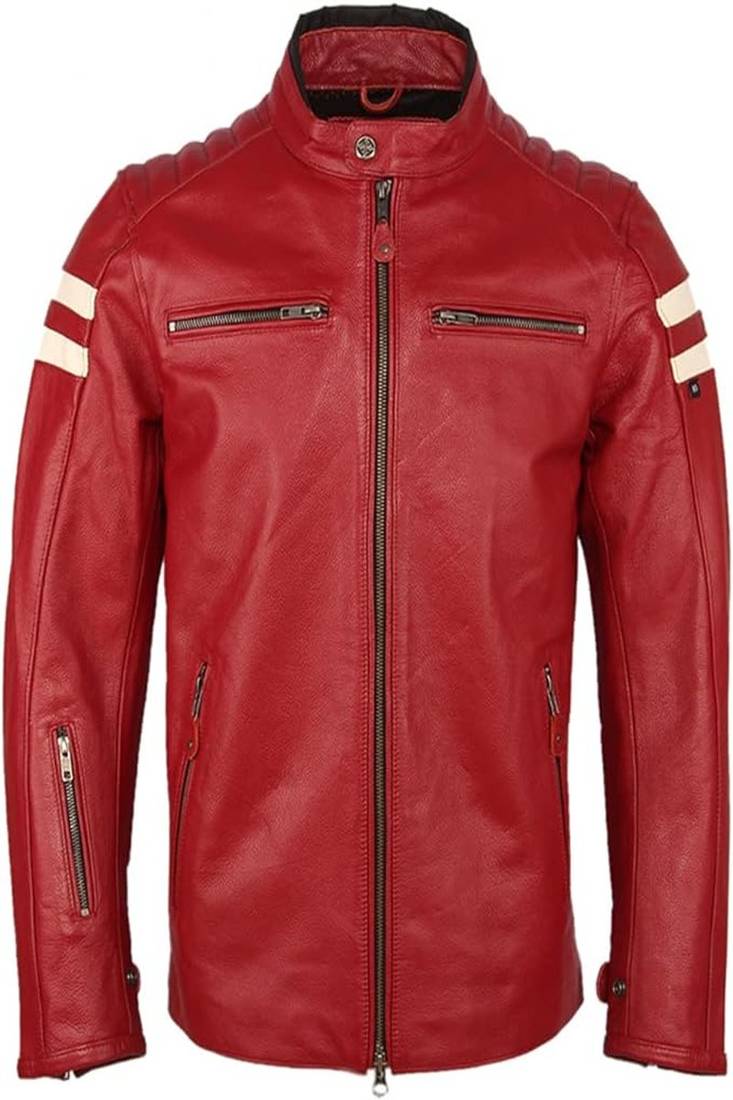 Mens red genuine lambskin leather jacket quilted hand white zipper detail