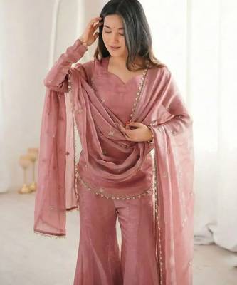 Elegant fandy silk embroidered kurta sharara set with dupatta for women 3