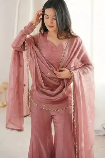 Elegant fandy silk embroidered kurta sharara set with dupatta for women