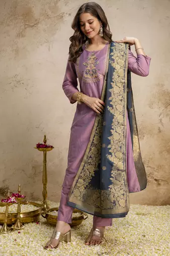 Elegant vatican embroidered straight kurti pant set with jacquard zari dupatta for women